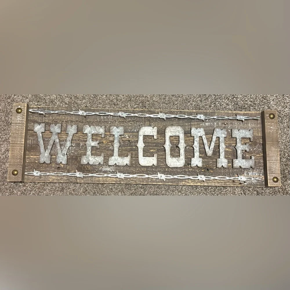 Rustic Welcome Sign with Silver Accents wall decor